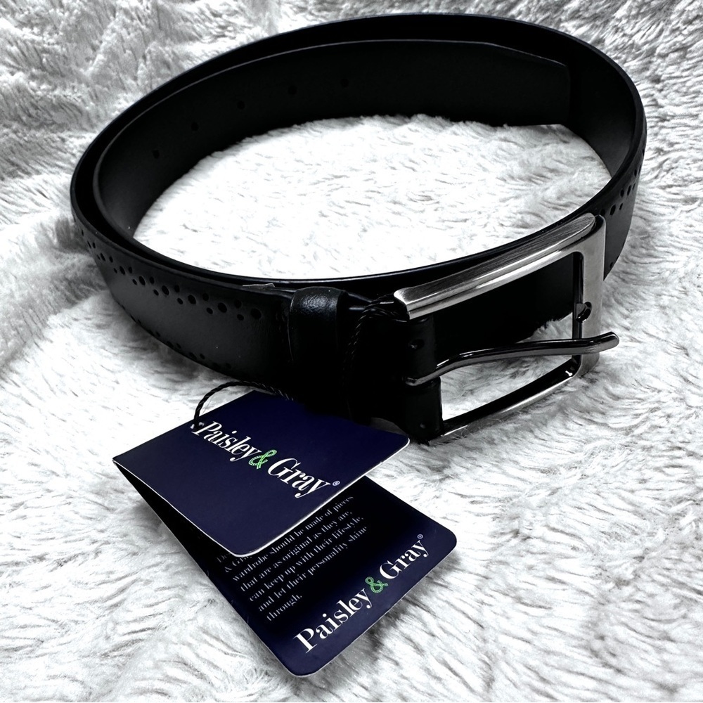 Paisley & Gray Belt Men’s 32 Black Tooled Leather, Brushed Silver buckle *NWT*